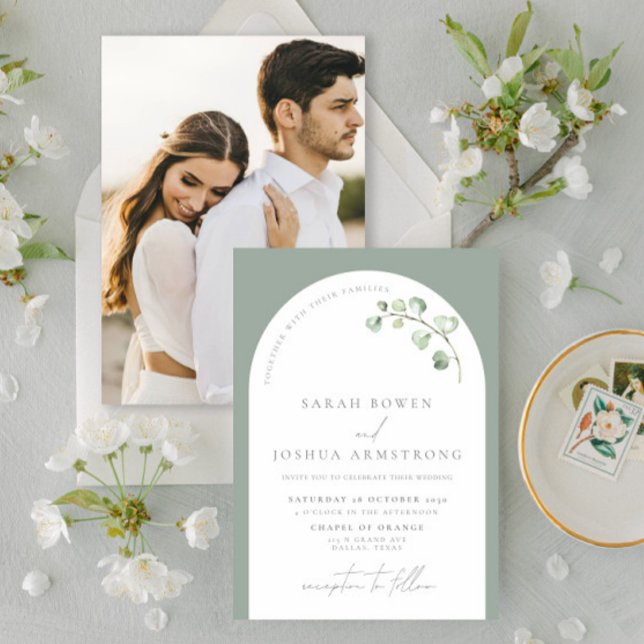 Modern Sage Green Arch Botanical Photo Wedding Invitation (Creator Uploaded)