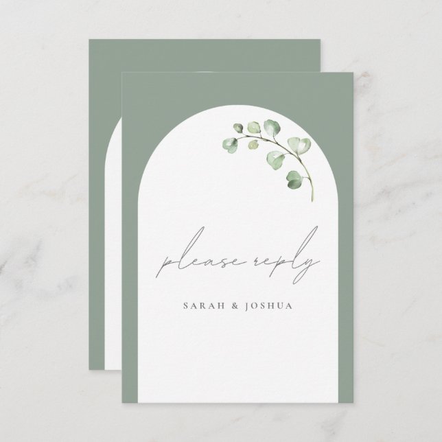 Modern Sage Green Arch Botanical Script Wedding RSVP Card (Front/Back)