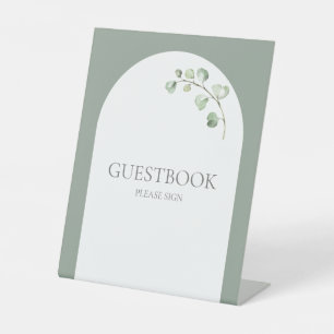 Modern Sage Green Arch Botanical Wedding Guestbook Pedestal Sign