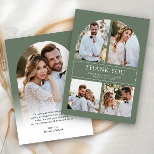 Modern Sage Green Arch Photo Collage Wedding Thank You Card