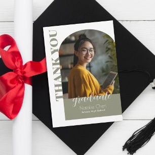 Modern Sage Green Arch Photo Graduate Thank You Card