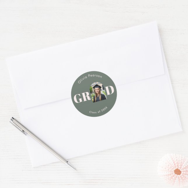 Modern Sage Green Arch Photo Graduation Favor Classic Round Sticker (Envelope)
