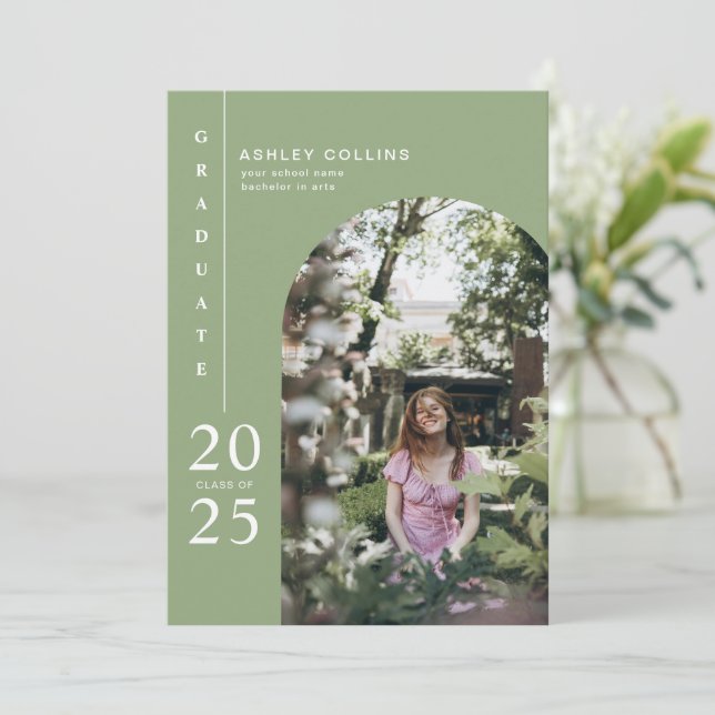Modern Sage Green Arch Photo Graduation Party Invitation (Standing Front)