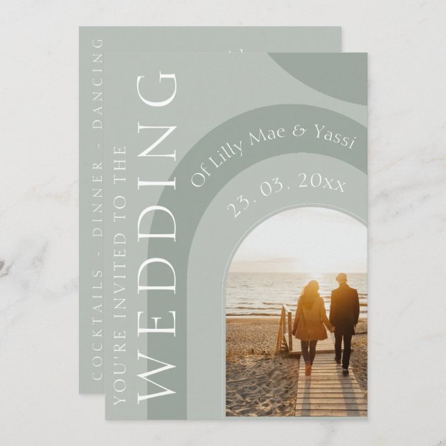 Modern Sage Green Arch Photo Wedding Invitation (Front/Back)