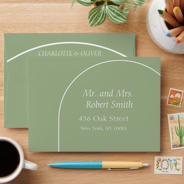 Modern Sage Green Arch Wedding Invitation Envelope (Desk)