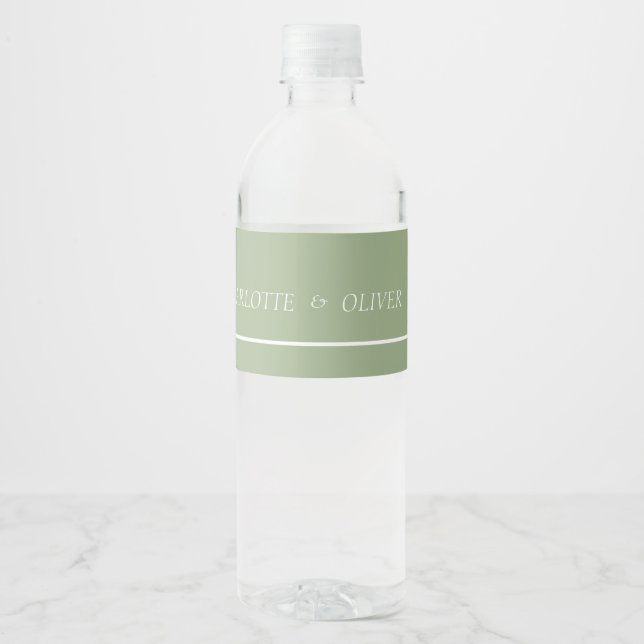 Modern Sage Green Arch Wedding Water Bottle Labels (Front)