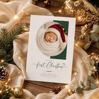 Modern Sage Green Baby First Christmas Photo Holiday Card