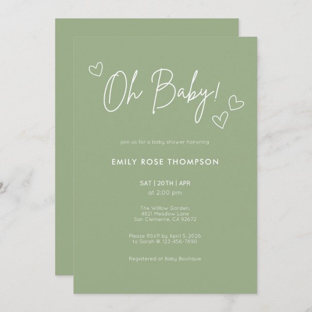 Modern Sage Green Baby Shower Minimal Script Invitation (Front/Back)