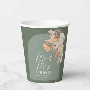 modern sage green bohemian pampas grass wedding  paper cups