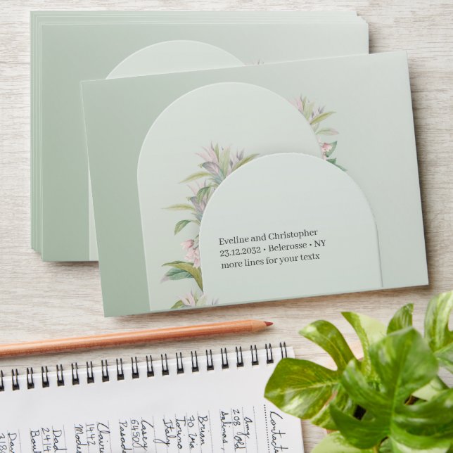 Modern sage green boho arch blush spring floral envelope (Stacked)