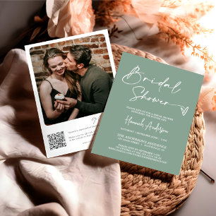 Modern Sage Green Boho Bridal Shower QR Code Photo Invitation