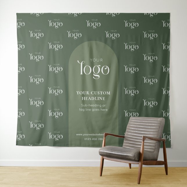 Modern Sage Green Boho Logo Step Repeat Event Tapestry (In Situ (Horizontal))