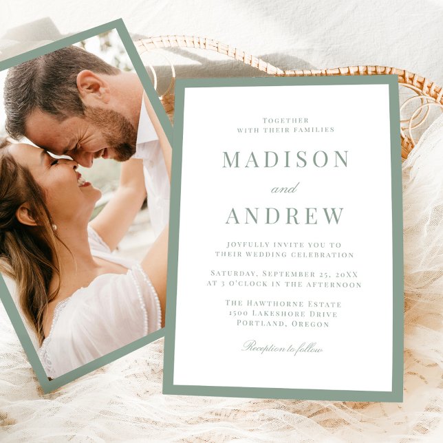 Modern Sage Green Border Photo Wedding Invitation (Creator Uploaded)