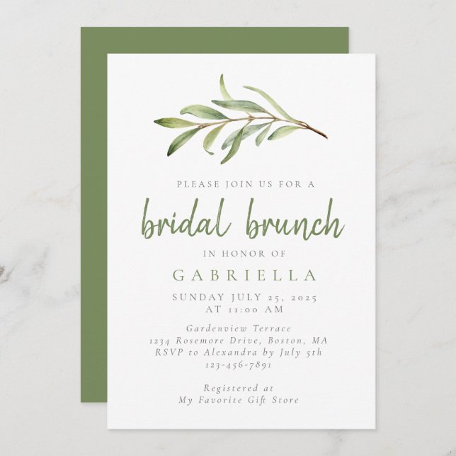 Modern Sage Green Botanical Bridal Brunch Invitation (Front/Back)