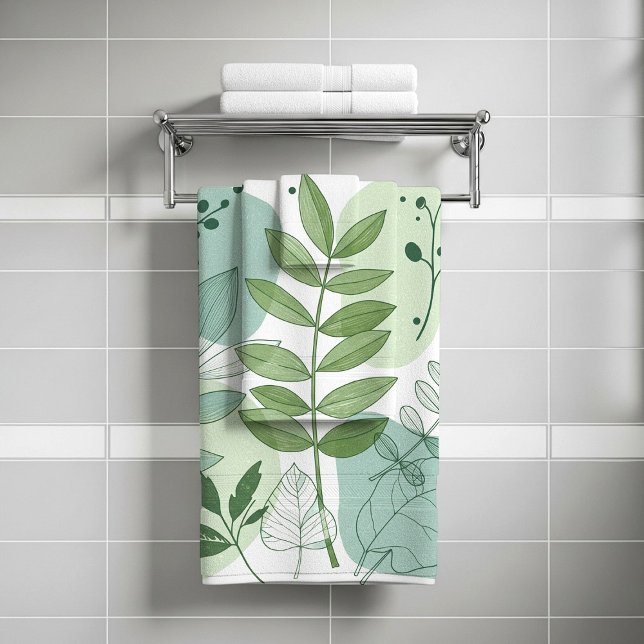 Modern Sage Green Botanical Leaf Pattern Bath Towel Set (Creator Uploaded)
