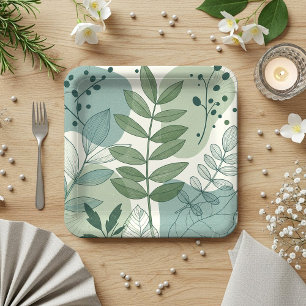 Modern Sage Green Botanical Leaf Pattern Paper Plate