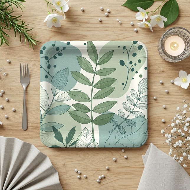 Modern Sage Green Botanical Leaf Pattern Paper Plate (Creator Uploaded)