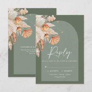 Modern sage green botanical pampas grass wedding RSVP card