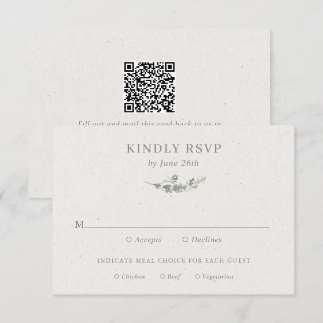Modern Sage Green Botanical QR Code Wedding RSVP Card (Front/Back)