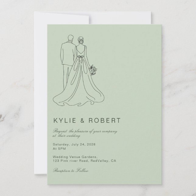 Modern Sage Green Bride & Groom Sketch Wedding Invitation (Front)