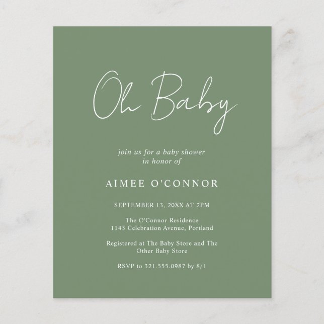 Modern Sage Green Budget Baby Shower Invitation (Front)