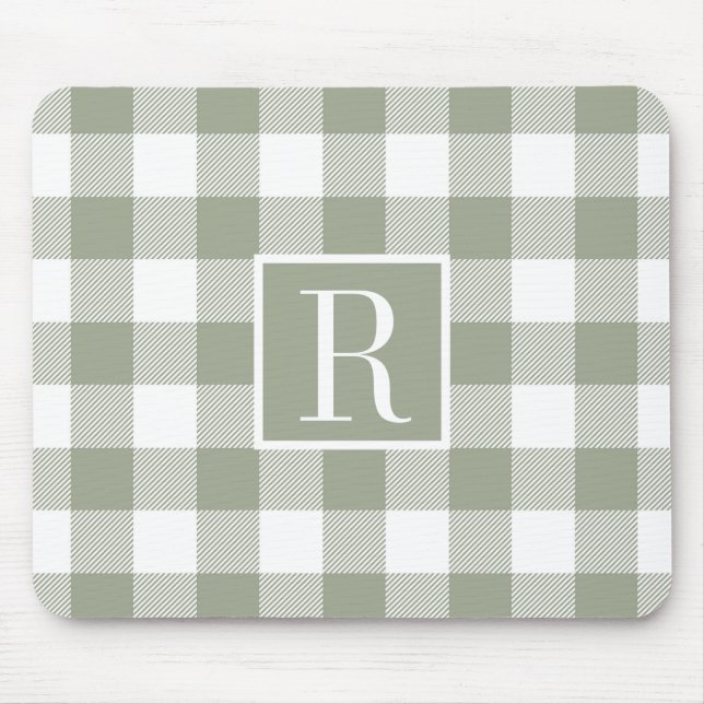 Modern Sage Green Buffalo Check Monogram Initial Mouse Pad (Front)