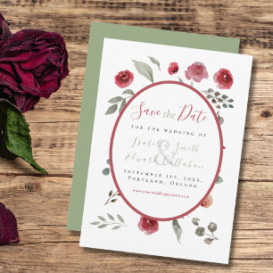Modern Sage Green Burgundy Floral Wedding Save The Date