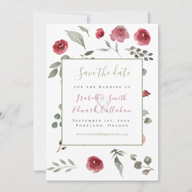 Modern Sage Green Burgundy Floral Wedding Save The Date (Front)
