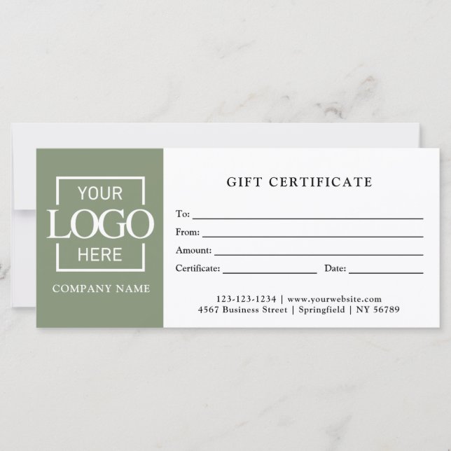 Modern Sage Green Business Logo Gift Certificate (Front)