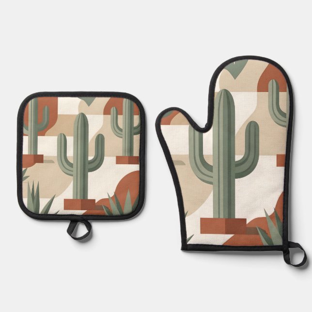Modern Sage Green Cactus Terracotta Desert  Oven Mitt & Pot Holder Set (Front)