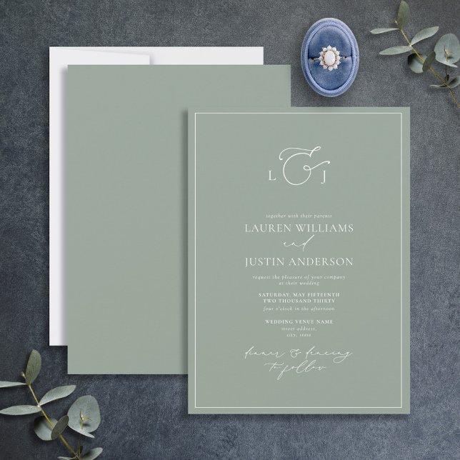Modern Sage Green Calligraphy Monogram Wedding Inv Invitation (Creator Uploaded)