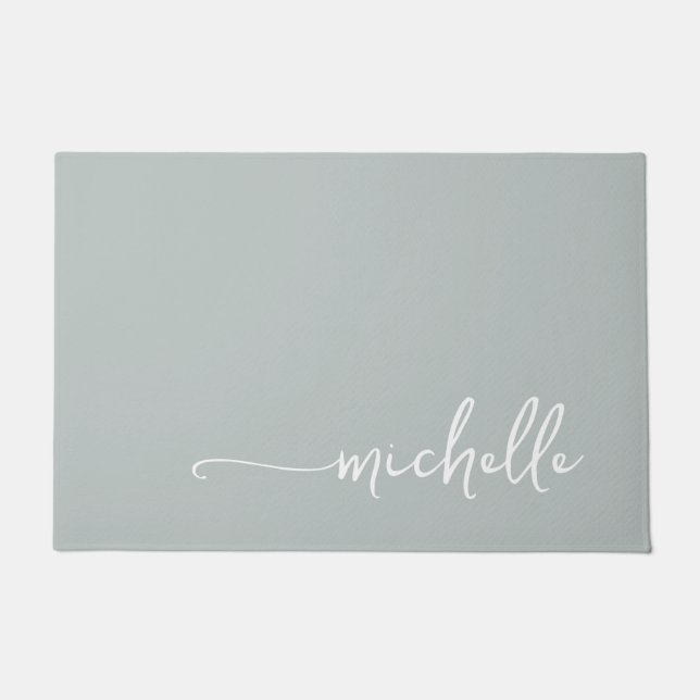 Modern Sage Green Calligraphy Script Doormat (Front)