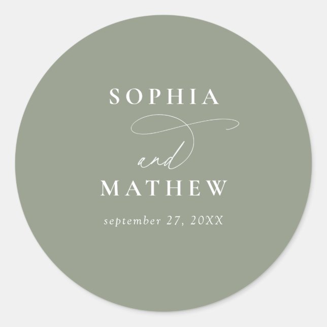 Modern Sage Green Calligraphy Wedding Classic Round Sticker (Front)