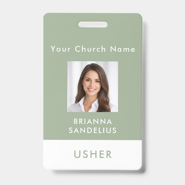 Modern Sage Green Church Usher Photo ID Badge (Front)