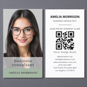 Modern Sage Green Consultant QR Code Photo Business Card