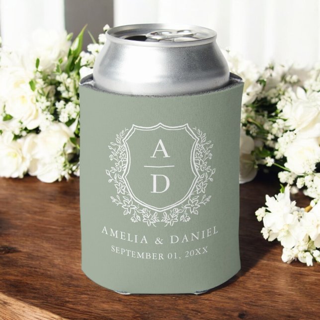 Modern Sage Green Crest Modern Monogram Wedding  Can Cooler (Creator Uploaded)