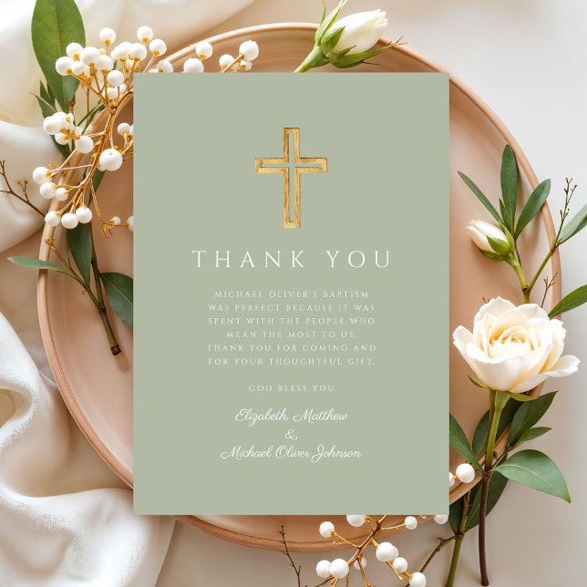 Modern Sage Green Cross Baptism Thank You Card (Modern Sage Green Cross Baptism Thank You Card)