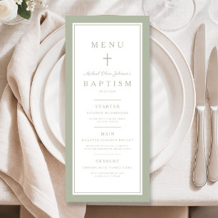 Modern Sage Green Cross Boy Baptism Menu