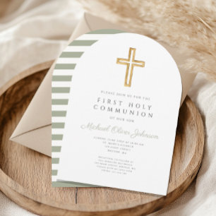 Modern Sage Green Cross First Communion Arch Invitation