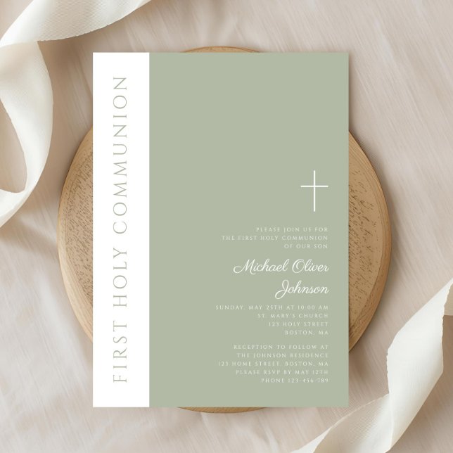 Modern Sage Green Cross First Holy Communion Invitation (Modern Sage Green Cross First Holy Communion Invitation)