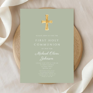 Modern Sage Green Cross Religious First Communion Invitation