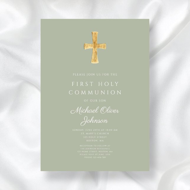 Modern Sage Green Cross Religious First Communion Invitation (Modern Sage Green Cross Religious First Communion Invitation)