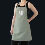 Modern sage green custom monogram initial solid  apron<br><div class="desc">Modern sage green custom monogram initial letter solid plain minimalist simple elegant chic kitchen Apron.
Customisable white text,  or just delete it,  on sage green background.
Great for cooks,  chefs,  pottery,  ceramics,  crafts,  work,  kitchen,  baking,  bbq,  grill,  and also businesses and stores,  etc</div>