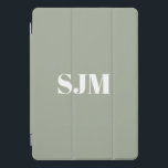 Modern sage green custom monogram initials iPad pro cover<br><div class="desc">Minimalist modern sage green and white custom monogram initials or name elegant chic personalised iPad Pro Cover.
Fully customisable white text or you can just delete it. Sage green plain solid colour background.</div>