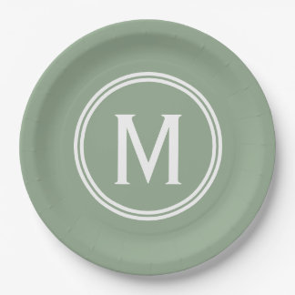 Modern Sage Green Custom Round Framed Monogram Paper Plate