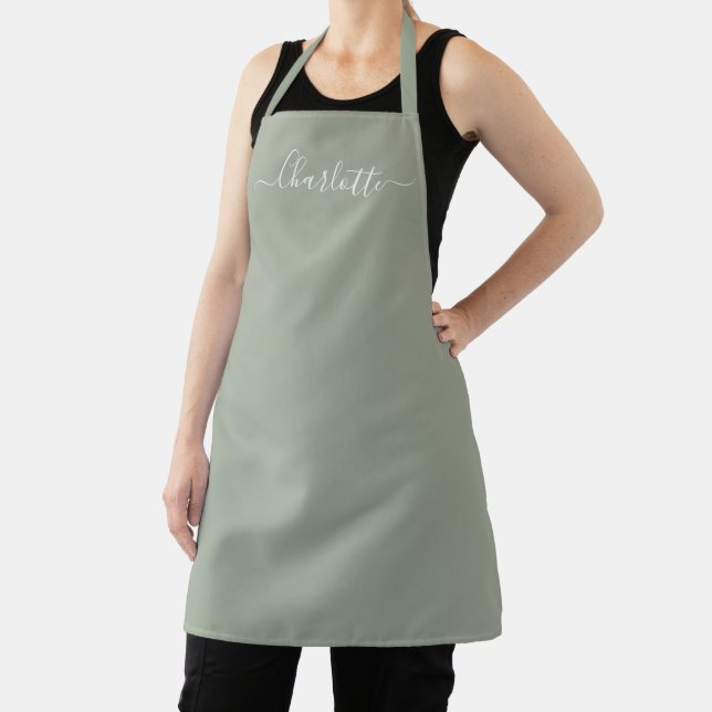 Modern sage green custom script name monogram chic apron (Insitu)