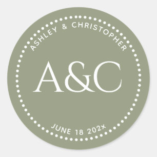 Modern Sage Green Dot Ring Monogram Classic Round Sticker
