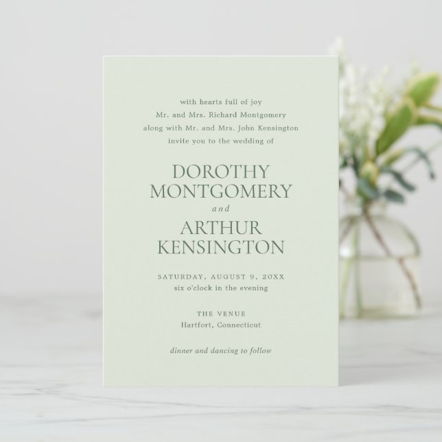 Modern Sage Green Elegant Wedding Invitation (Standing Front)