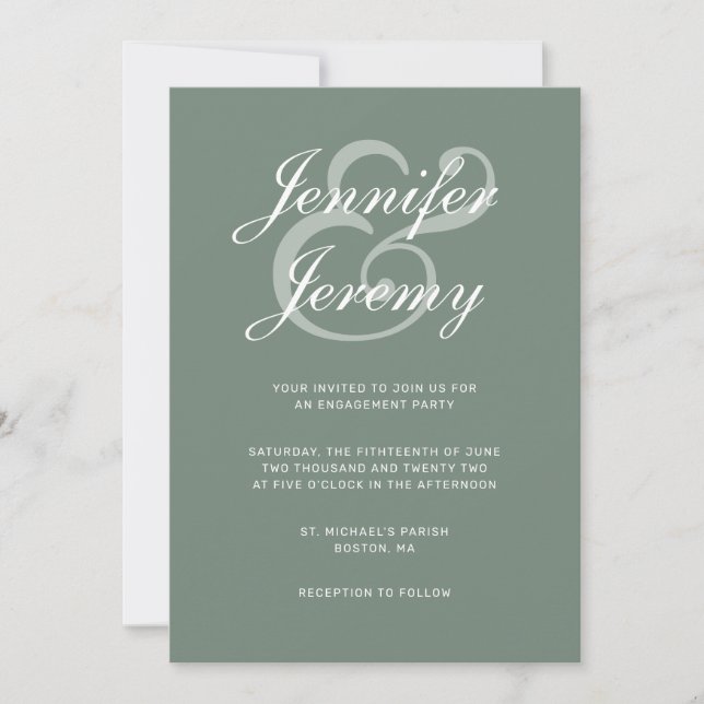 Modern Sage Green Elegant White Script Engagement Invitation (Front)