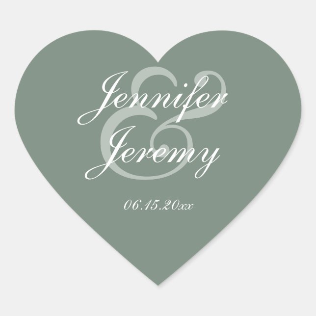 Modern Sage Green Elegant White Script Wedding Heart Sticker (Front)